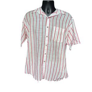 Vintage striped Gauze Button Up Shirt Red White Teal Camp Collar S/S XL Boxy